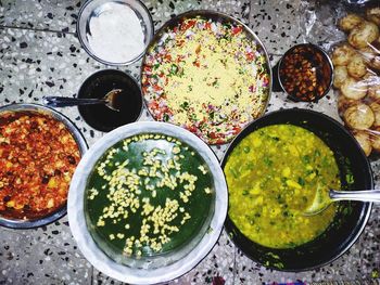 High angle view of meal served on table