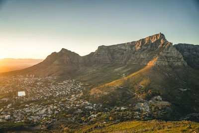 Scenic view of mountains against clear sky during sunset