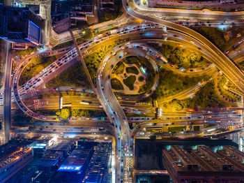 High angle view of illuminated cityscape at night