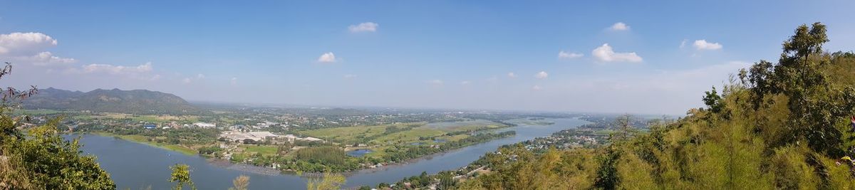 High angle view of plants and trees against sky