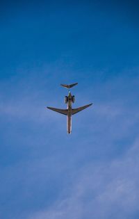 Low angle view of airplane against blue sky