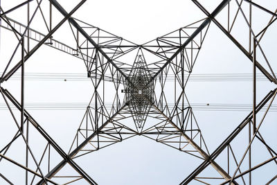 View from under the high voltage pole on sky background.