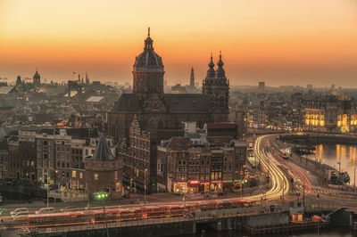 Aerial view of city at night