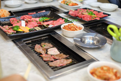 High angle view of sushi in tray on table