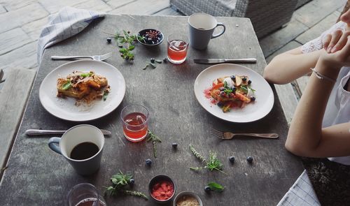 High angle view of food served on table