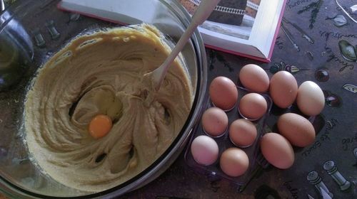 High angle view of eggs in bowl