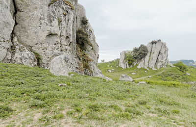 Rock formation on field against sky