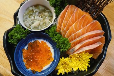 High angle view of fish in bowl on table