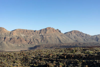 Scenic view of mountains against clear blue sky