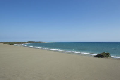 Scenic view of beach against clear blue sky