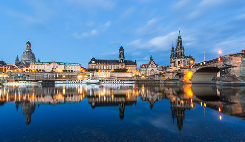 High angle view of boats moored on river by dresden frauenkirche