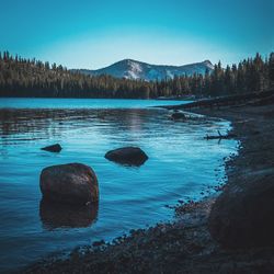 Scenic view of lake against clear sky