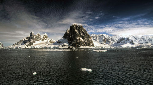 Scenic view of snowcapped mountains by sea against sky