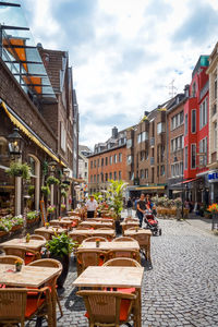 Tables on street in old town