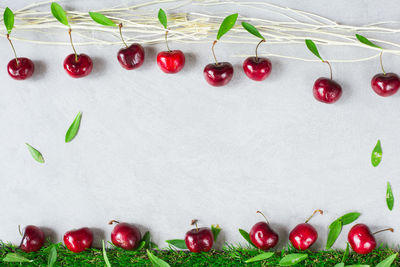 Directly above shot of cherries on white table