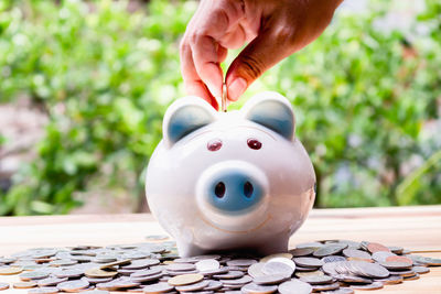 Cropped hand putting coin in piggy bank on table