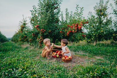 Full length of father and daughter on field against trees