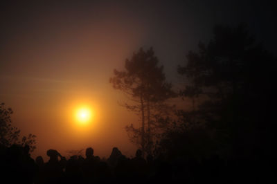 Silhouette trees against orange sky