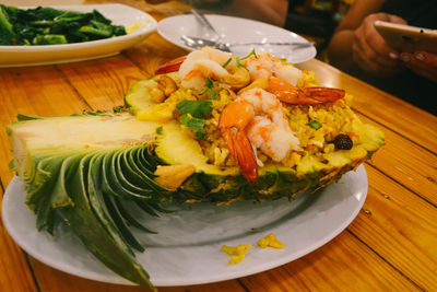 High angle view of prawns in plate on table