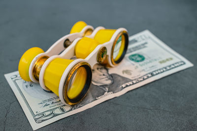 High angle view of paper currency on table