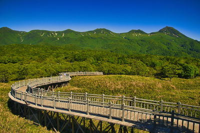 High angle view of bridge over mountains against sky