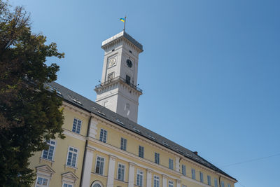 Low angle view of building against clear blue sky