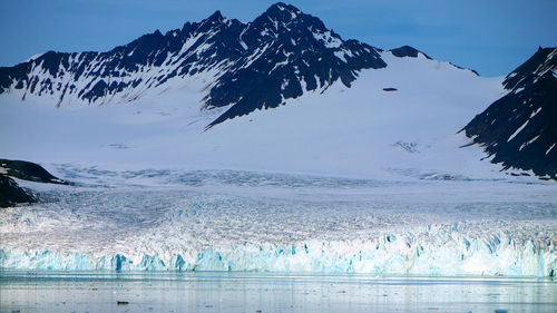 Scenic view of frozen sea by mountains against sky