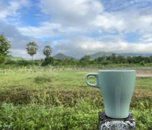 Tea cup on field against sky