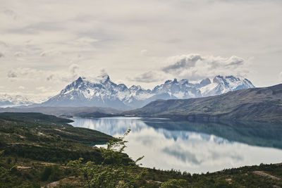 Scenic view of lake and snowcapped mountains against sky