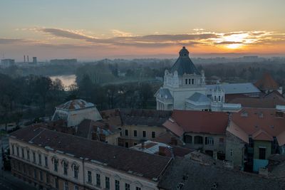 High angle view of townscape against sky at sunset