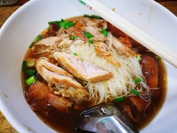 High angle view of soup in bowl on table