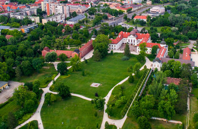 High angle view of buildings in town