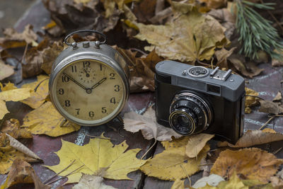 Close-up of alarm clock and camera