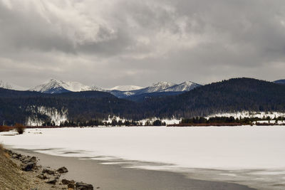 Scenic view of snowcapped mountains against sky