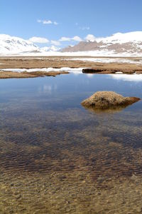 Scenic view of lake by snowcapped mountain against sky