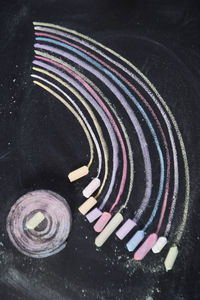 Close-up of multi colored chalk drawing on blackboard