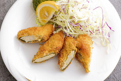 High angle view of food in plate on table