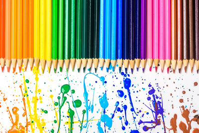 High angle view of multi colored pencils