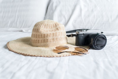 High angle view of camera on table
