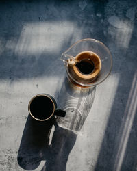 High angle view of coffee cup on table