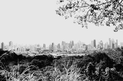 Buildings and trees in city against clear sky