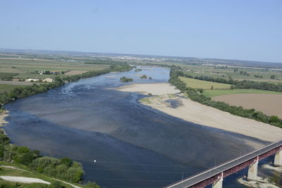 High angle view of land against clear sky