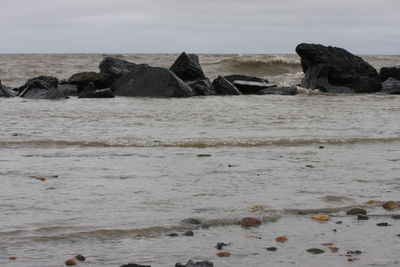 Rocks on sea shore against sky