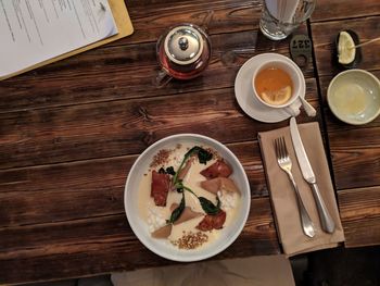 High angle view of breakfast served on table