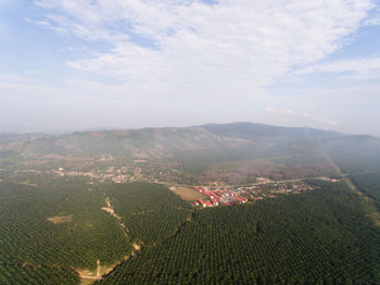 Aerial view hazy or misty morning view of a rural landscape countryside village