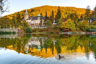 Scenic view of lake by buildings against trees during autumn