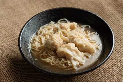 High angle view of soup in bowl on table