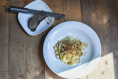 High angle view of food in bowl on table