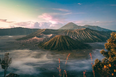 Panoramic view of volcanic landscape against sky