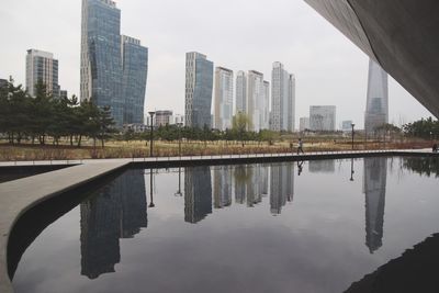 Buildings reflecting in pool